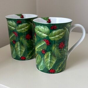 2 KONITZ GERMANY Lady Bug Ladybugs Coffee Mugs Tea Cups green leaves red ladybug